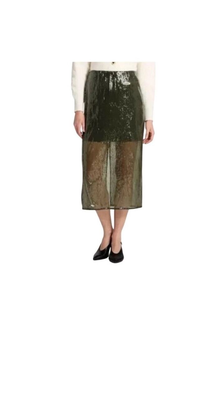 Women’s Olive Green Sequin Midi Skirt Size Small Glam Holiday Festival Concert
